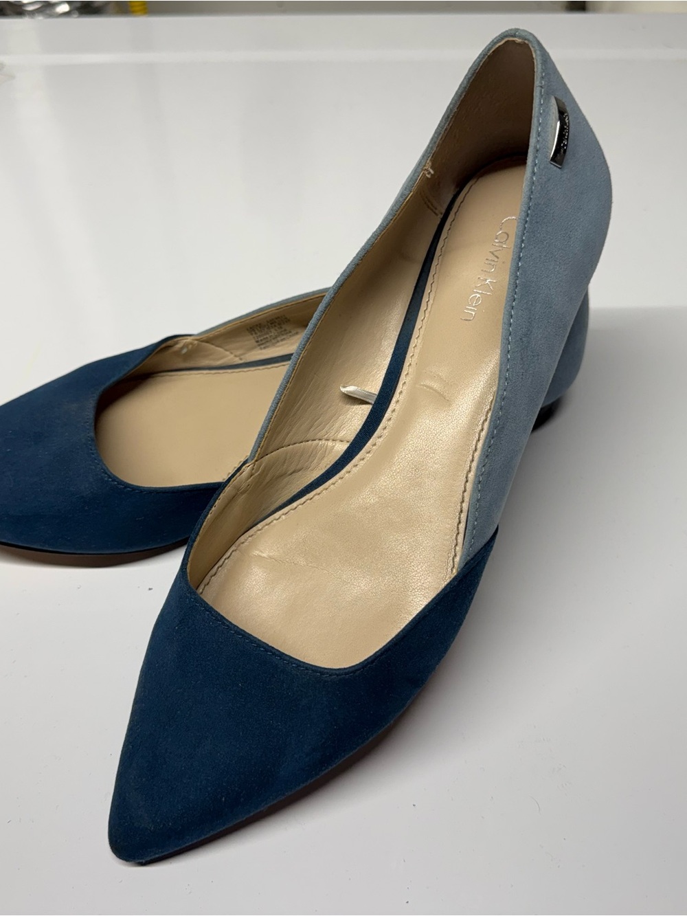 Calvin Klein Two-Tone Navy and Light Blue Suede Pointed-Toe Flats